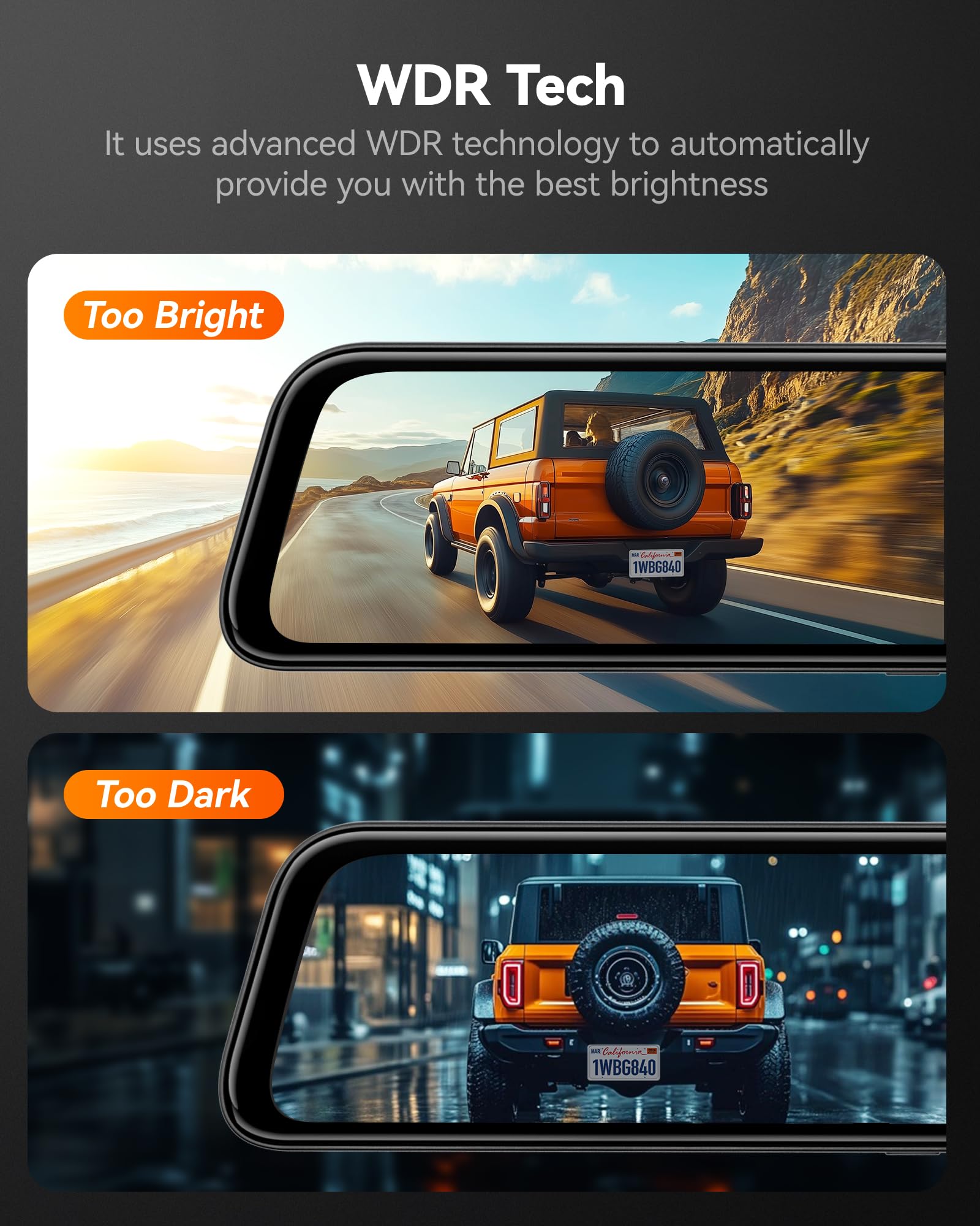 WOLFBOX G840S 12-Inch 4K Dual Mirror Dash Cam Front and Rear