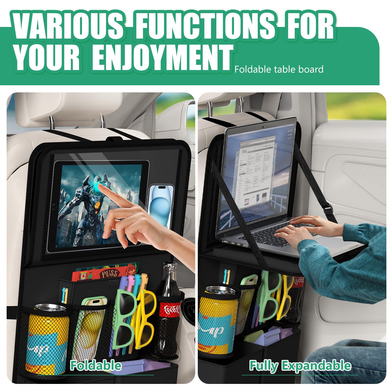 Plzpik Backseat Organizer with Tablet Holder & Foldable Tray