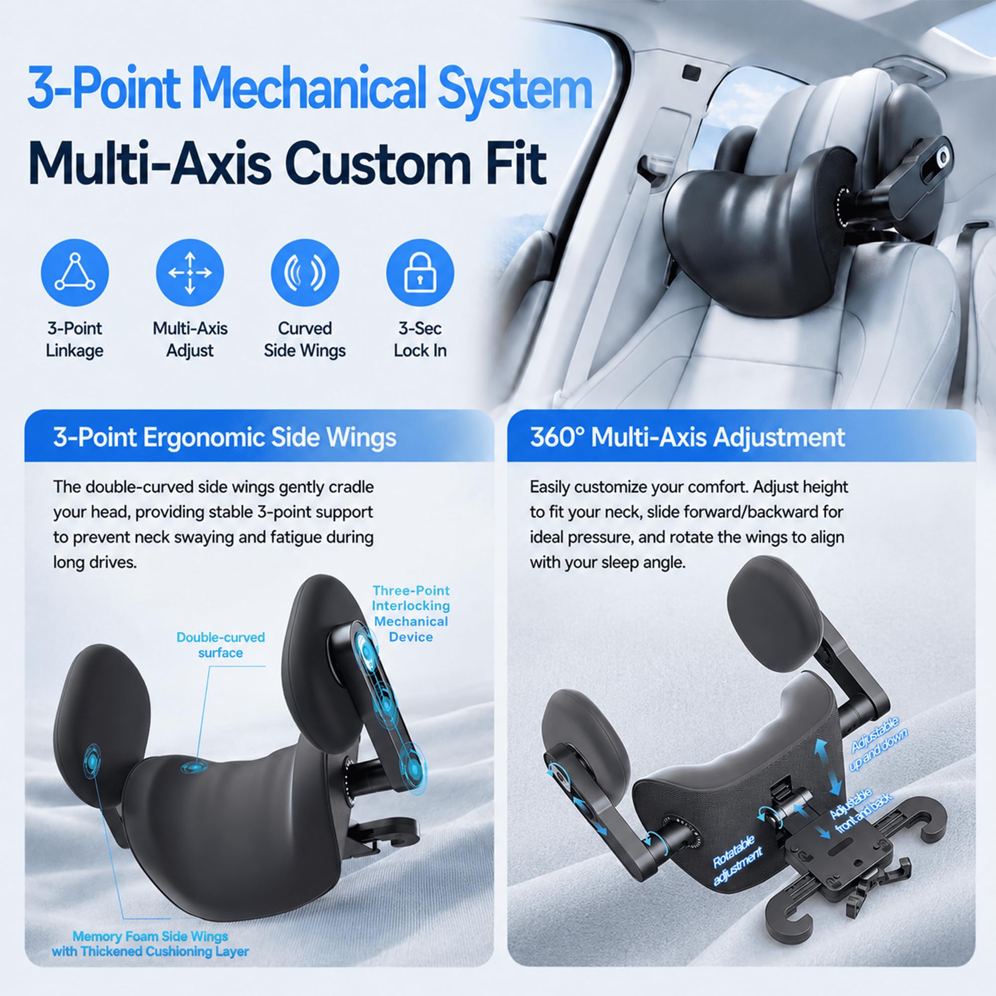 Haliwaii Adjustable Memory Foam Car Headrest Neck Pillow