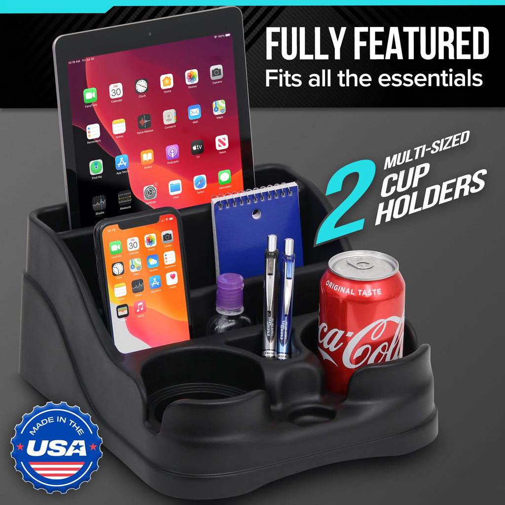 Moblorg Small Center Console for Cars, Trucks, Minivans, SUVs, Vehicle Organizer, Cup Holders, Recycled Plastic, Made in USA (Black)