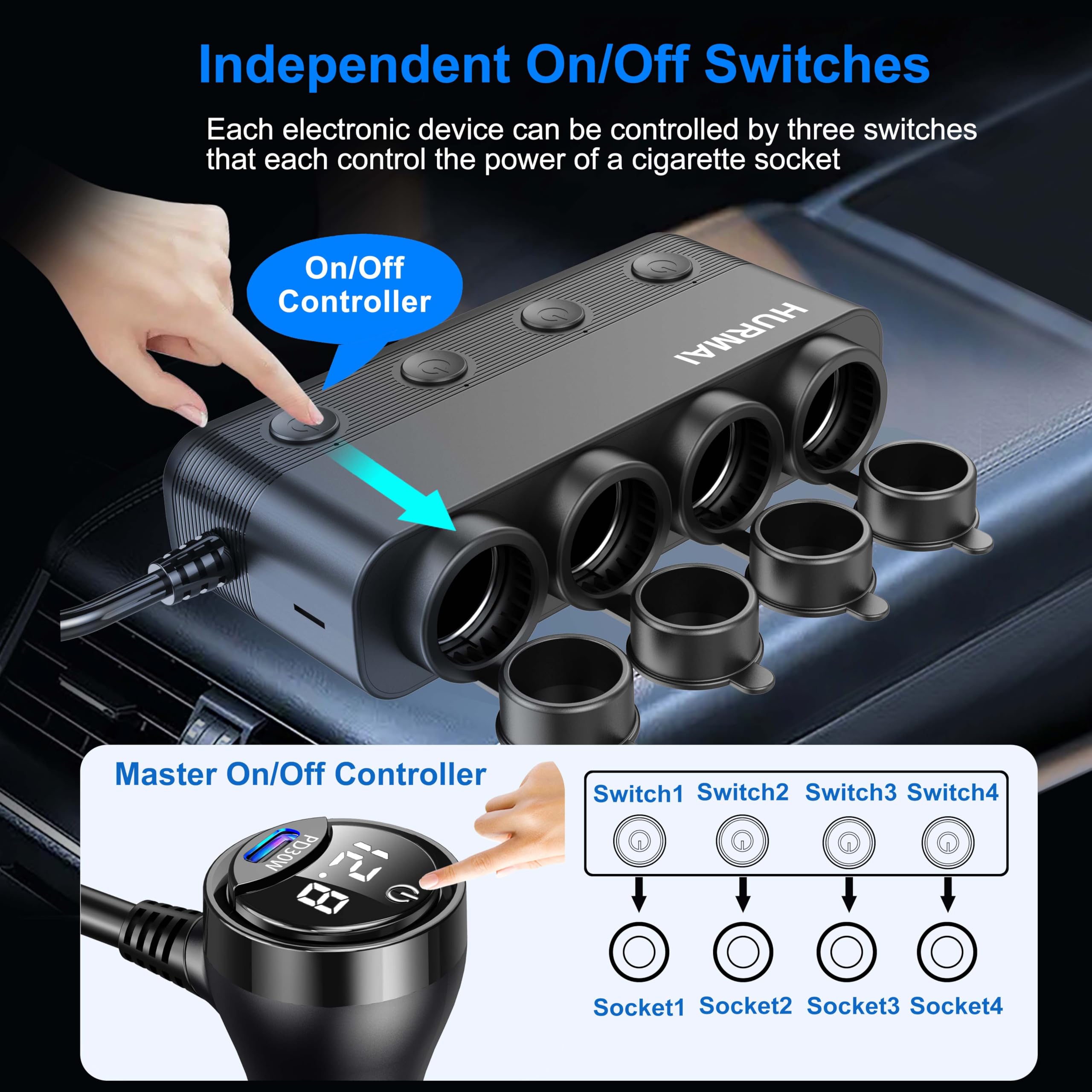 HURMAI 216W 4-Socket USB-C Car Charger Splitter