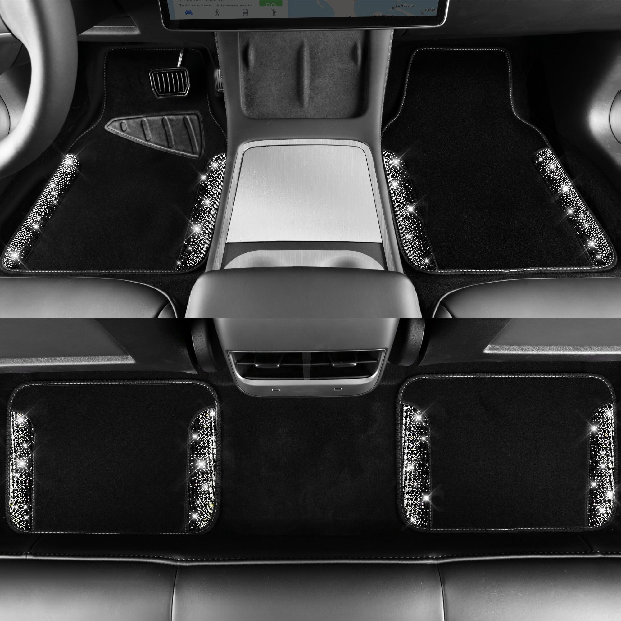 CAR PASS Bling Diamond Car Floor Mats, Shining Rhinestone Carpet Sparkly Glitter Crystal with Anti-Slip PVC Heel Pad Waterproof Universal Fit Automotive SUV,Sedan,Van