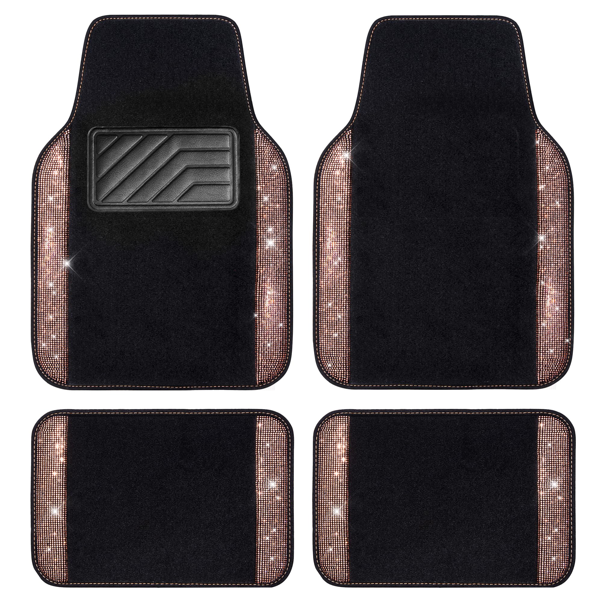 CAR PASS Bling Diamond Car Floor Mats, Shining Rhinestone Carpet Sparkly Glitter Crystal with Anti-Slip PVC Heel Pad Waterproof Universal Fit Automotive SUV,Sedan,Van